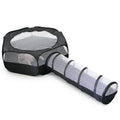 Grey foldable 30cm cat tunnel made of polyester, shown with a tent section and tunnel opening for indoor play