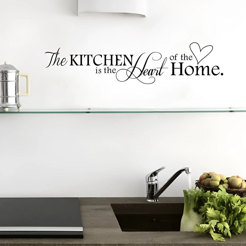 Heart of the Home letter pattern PVC wall sticker in black, 60x15cm, on a kitchen wall