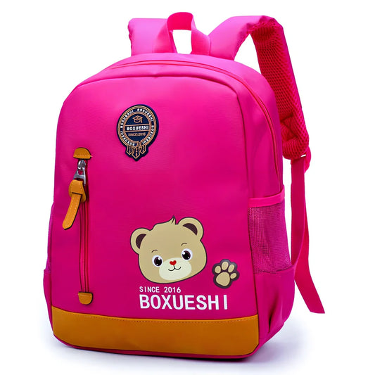 Cartoon bear nursery schoolbag in deep blue or Mei red, 25 cm high with padded straps for boys