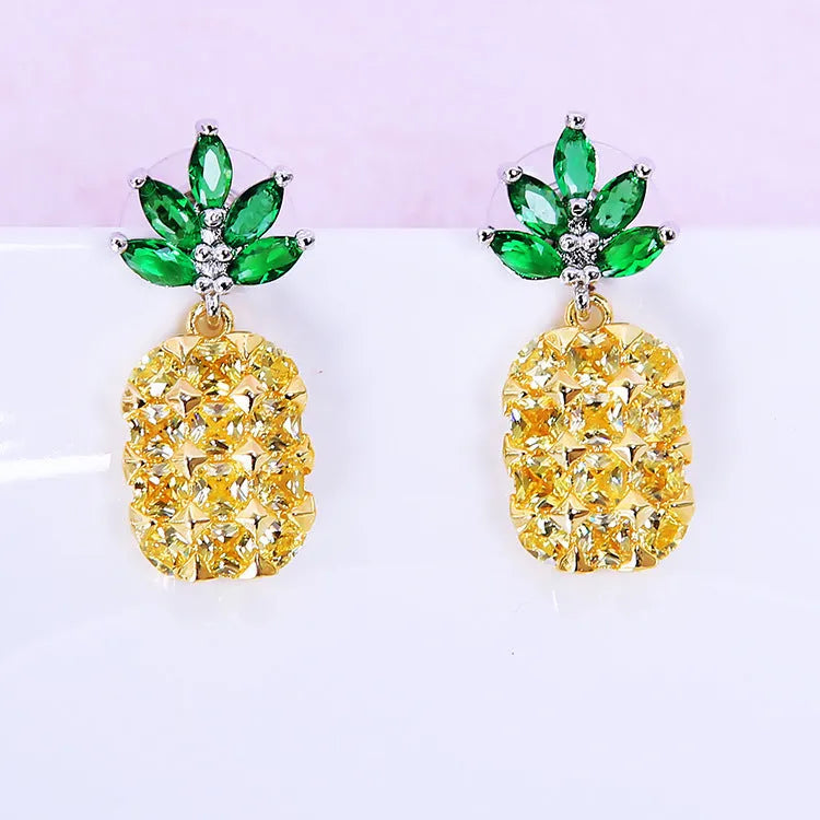 925 silver crystal pineapple earrings and necklace set with diamond-cut geometric design