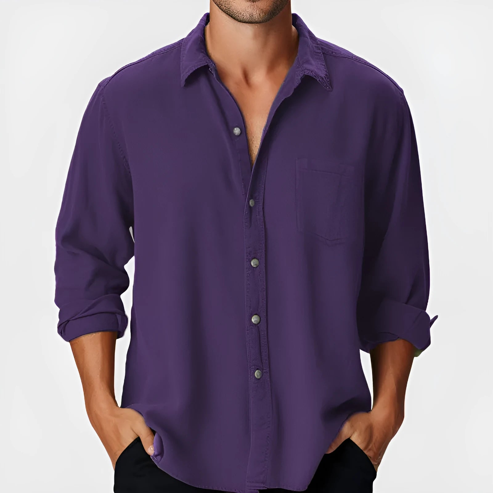 Men's loose fit holiday shirt with stand collar and long sleeves in polyester fabric