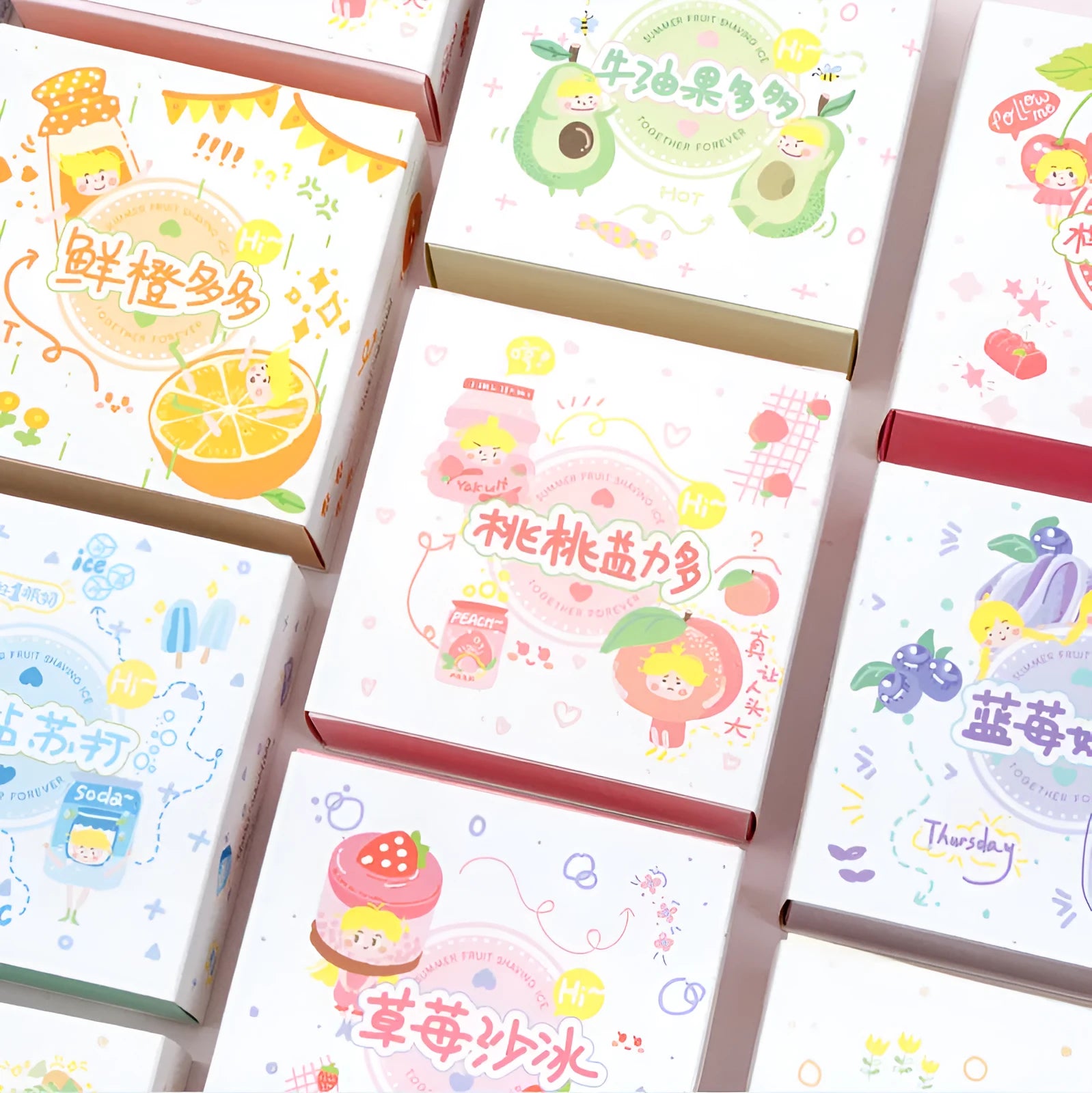 Box of five fruit tape sticker rolls in styles A B C D E with detailed fruit patterns on clear PET