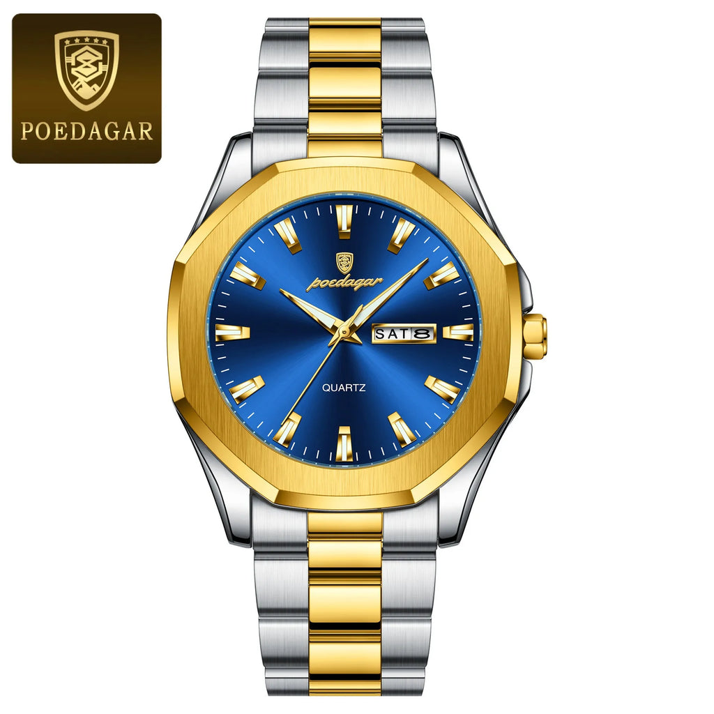 Men's slim stainless steel business quartz watch in gold and silver colour options on wrist.