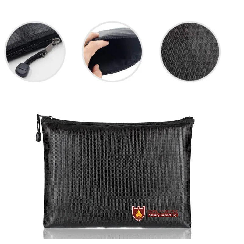 Black fire-proof contract document bag with organisational pockets shown in three size options
