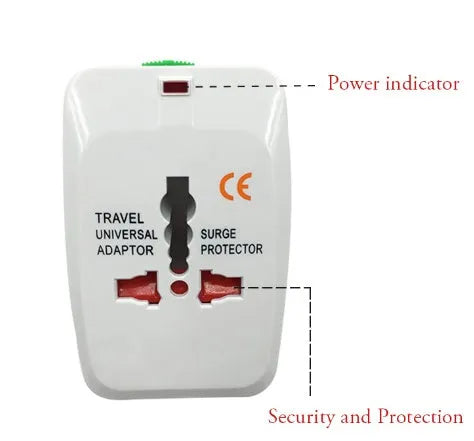 Compact universal travel adapter plug on a white background showing its size and socket.