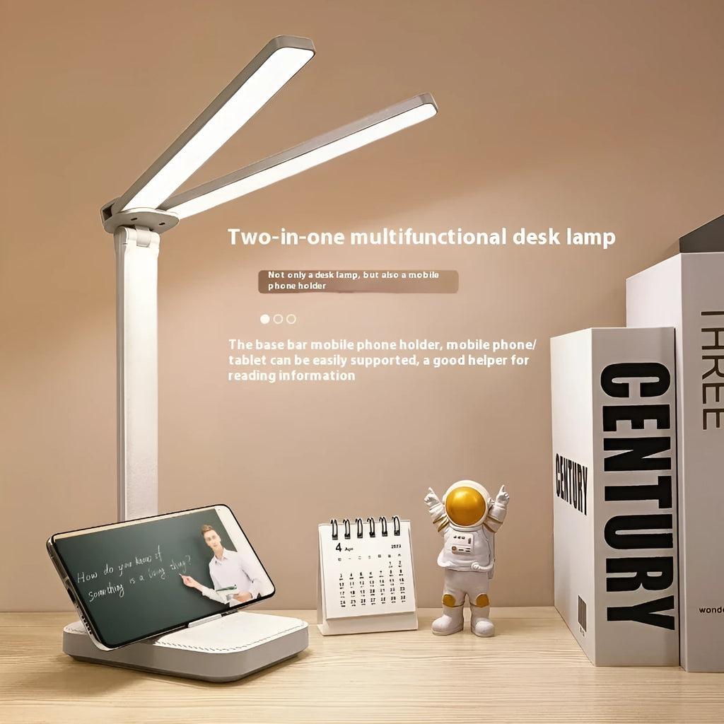 Simple dual lamp holder table lamp for children and students in white with square bottom base and charging cable