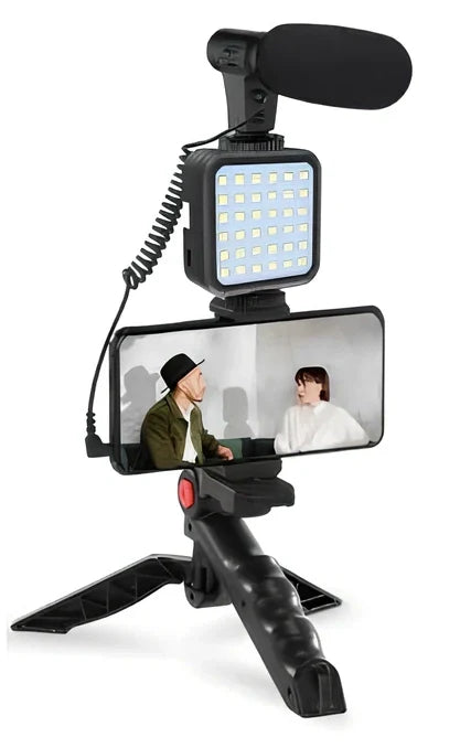 Black tripod head set with 150cm height, condenser mic, compatible with iPhone for stable camera recording