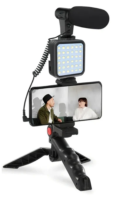 Black tripod head set with 150cm height, condenser mic, compatible with iPhone for stable camera recording