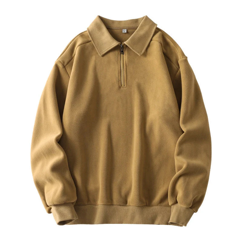 Men's lapel half-zip fleece sweatshirt in black, haze green, and apricot yellow