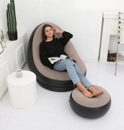 Inflatable flocking sofa in various colours, showcasing ergonomic design and portability