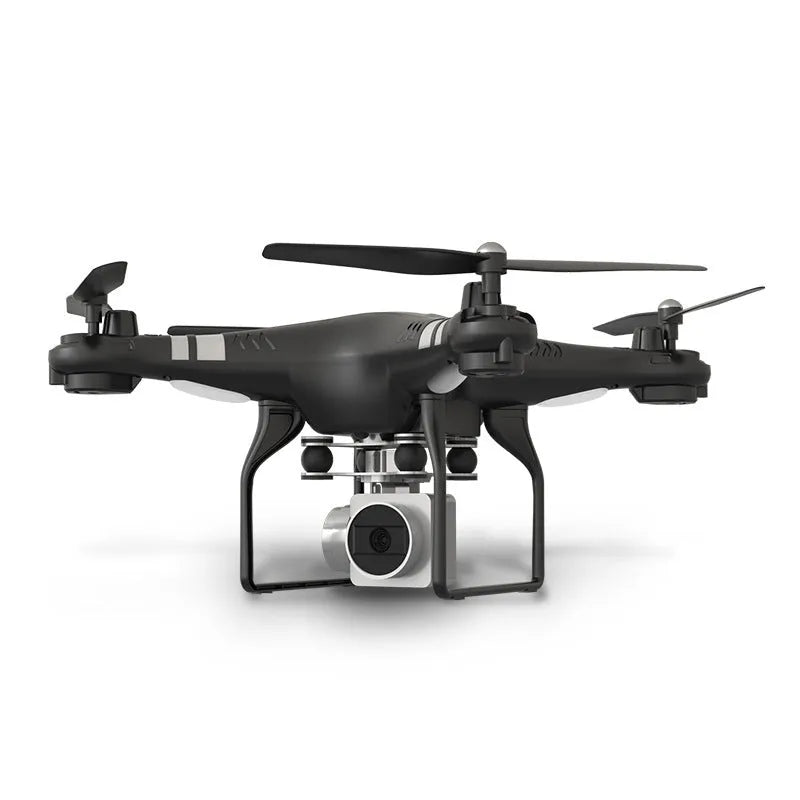 Black aerial photography drone with remote control handle showing HD camera and alloy construction