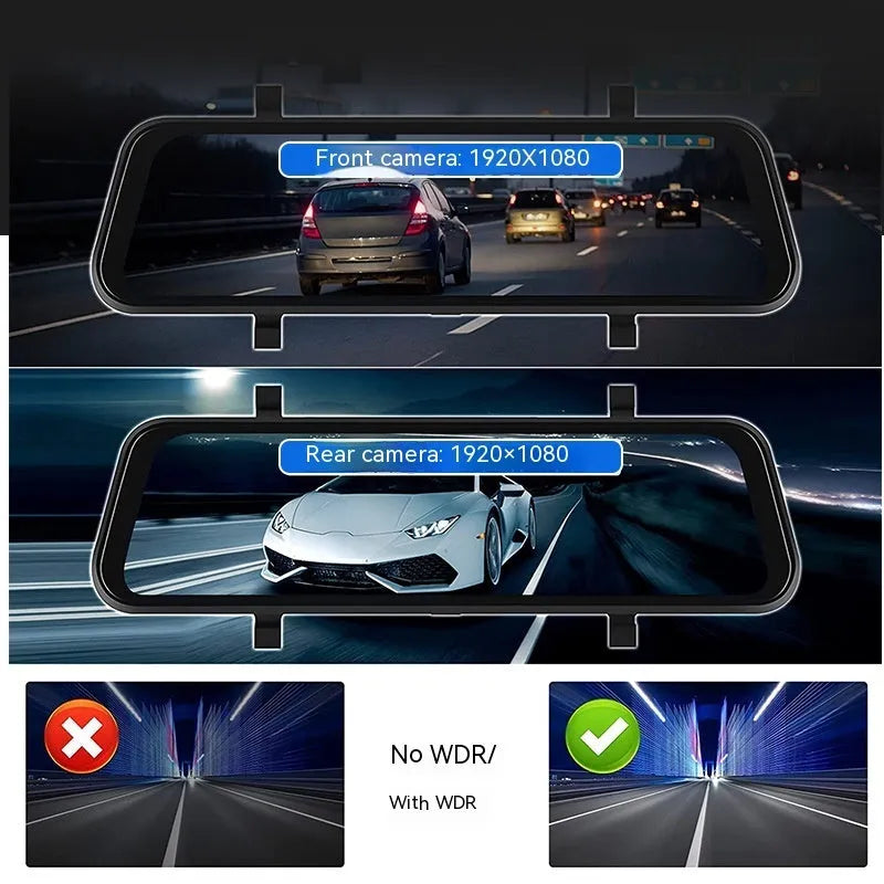 Black universal 9-inch car GPS navigation and DVR system with a large touch screen on a dashboard.
