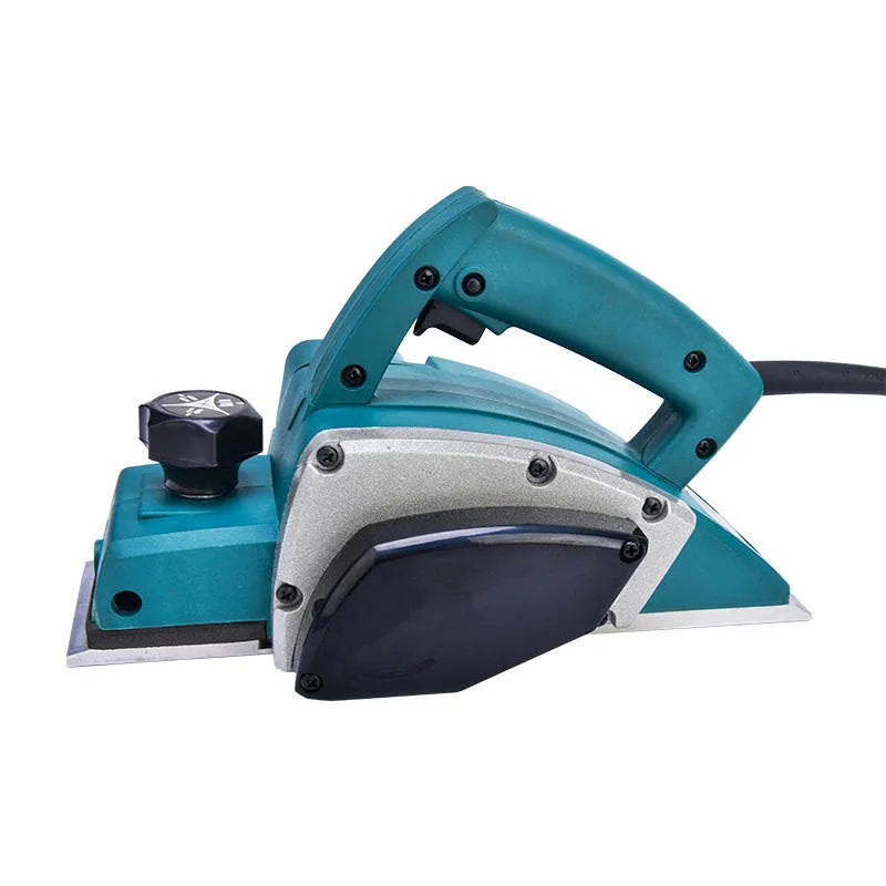 Red desktop electric wood planer with aluminium body showing 82mm planing width and depth adjustment controls