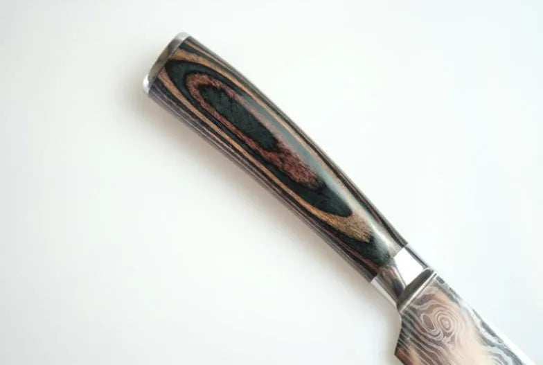 7Cr17 stainless steel kitchen knife with laser Damascus pattern on blade and colour wood handle