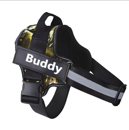 Adjustable nylon no-pull dog harness in black with reflective straps and custom patch, fits bust 25-120cm for small to large breeds