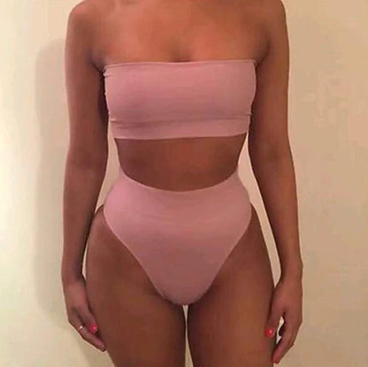 Women's nylon swimsuit with chest wrap top and triangle shorts in multiple colours with size measurements