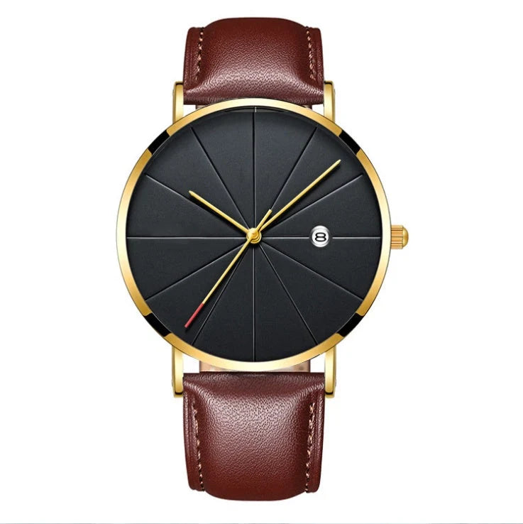 Men's stainless steel waterproof calendar watch with quartz movement and mineral tempered glass mirror