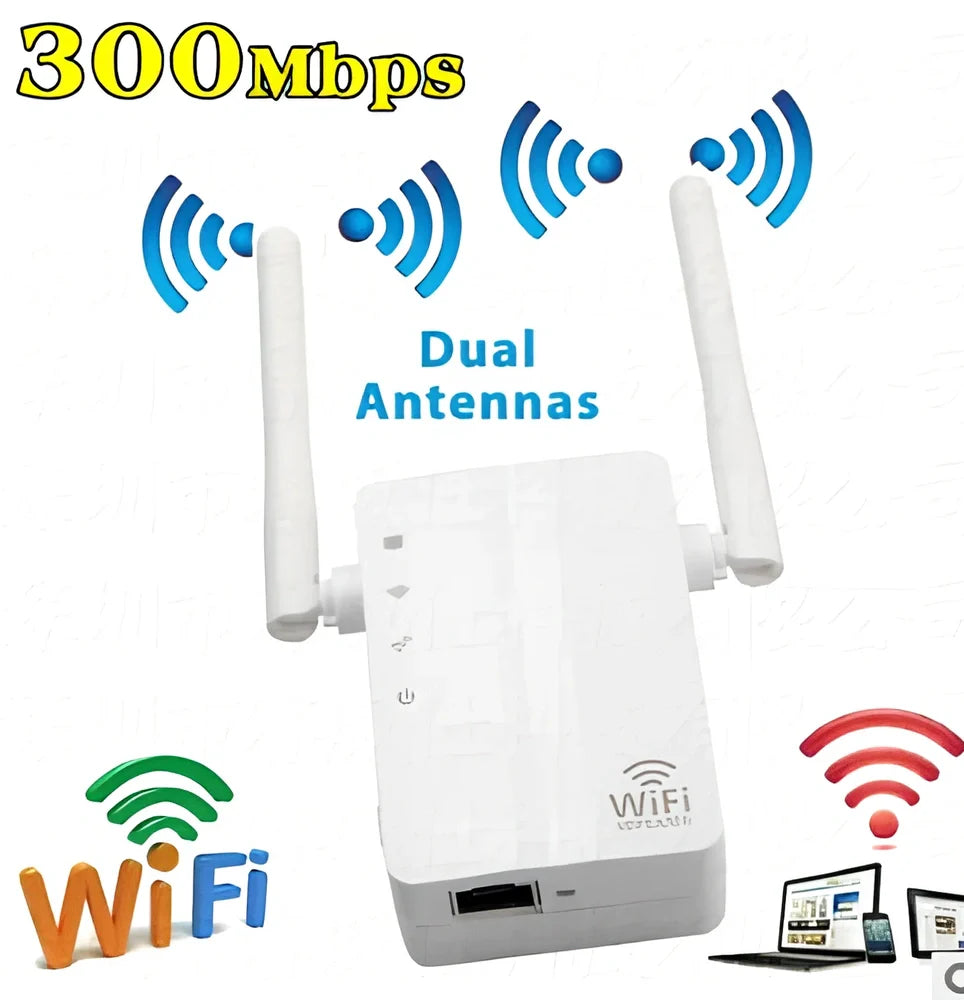 White WiFi signal amplifier measuring 10x9x7cm with 300Mbps speed and 300m range
