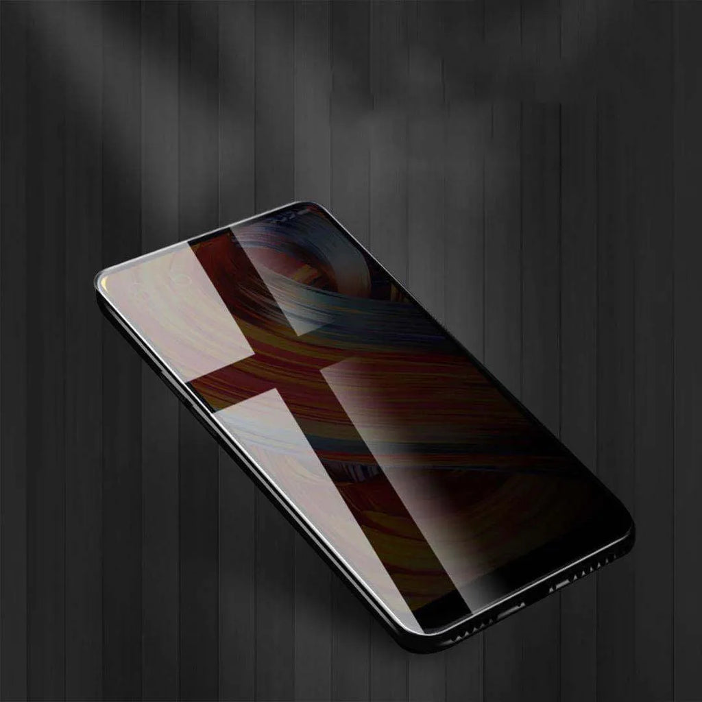 Black matte anti-peep ceramic screen protector film for iPhone showing privacy angle protection