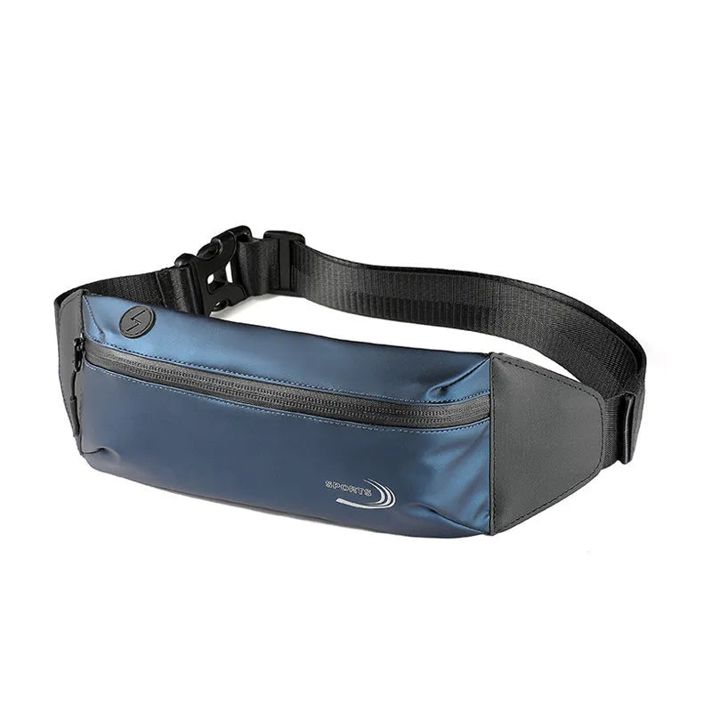 Men's solid-colour waterproof waist bag in Derm Oxford polyester, shown in black, blue, and grey.