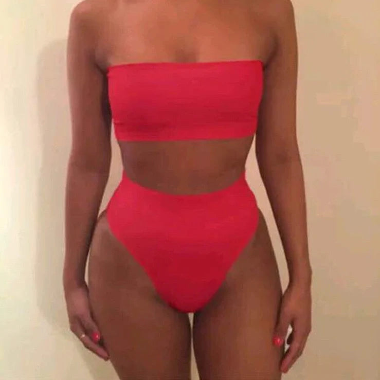 Women's nylon swimsuit with chest wrap top and triangle shorts in multiple colours with size measurements