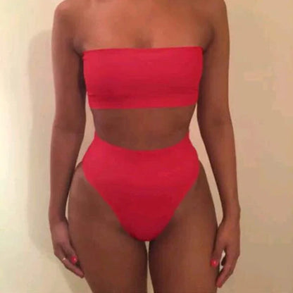 Women's nylon swimsuit with chest wrap top and triangle shorts in multiple colours with size measurements