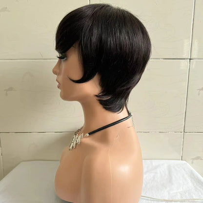 Short straight human hair wig with side bangs in natural black colour, showing 30cm length and realistic hairline