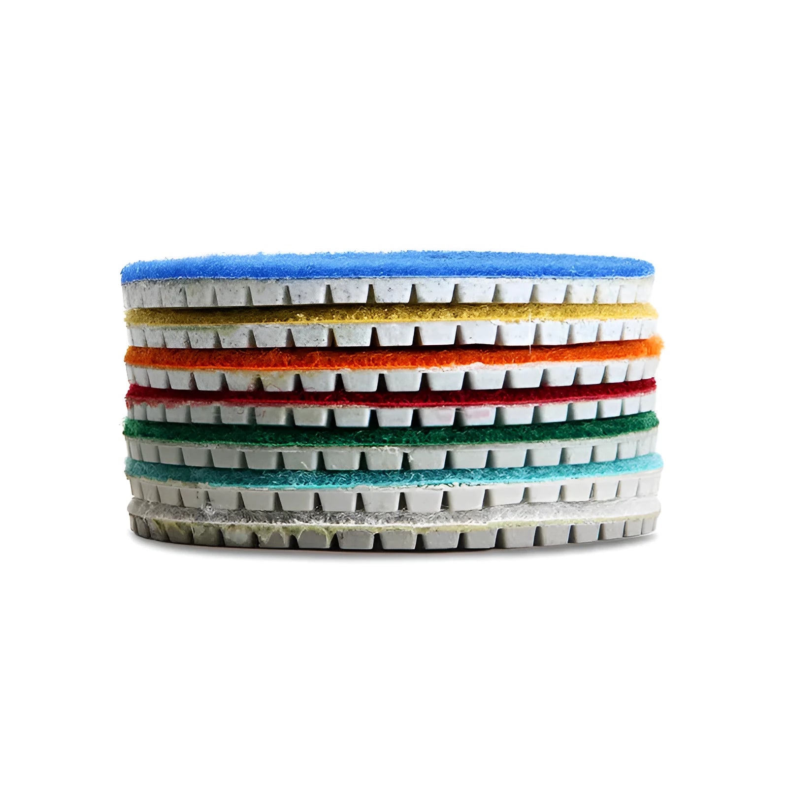 Set of 10 stone polishing pads showing different grits, 80mm diameter with 10mm centre holes