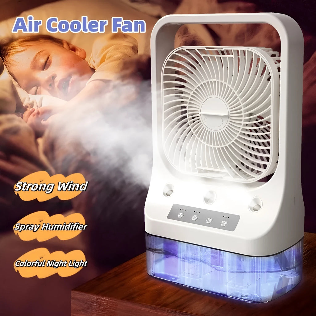 White USB rechargeable portable air cooler with adjustable head and water tank on a tabletop.
