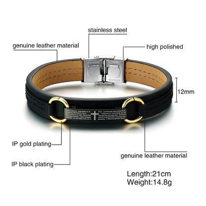 Unisex Bible verse leather bracelet in 18.5cm size with geometric stainless steel accents