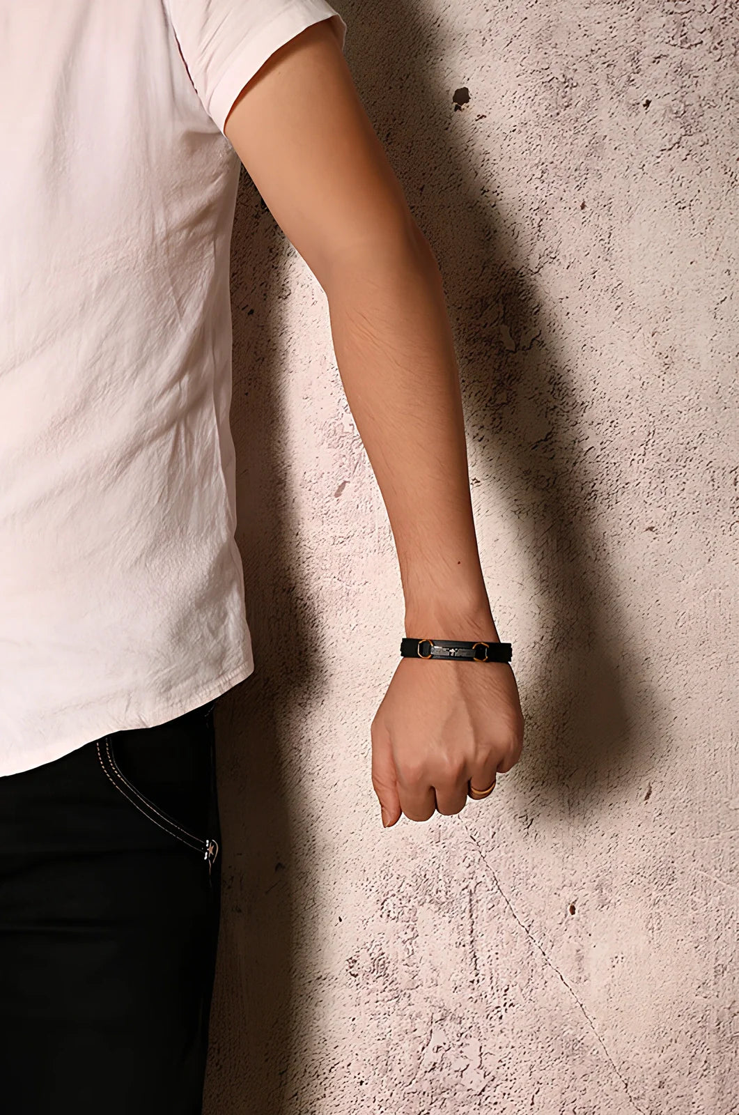 Unisex Bible verse leather bracelet in 18.5cm size with geometric stainless steel accents