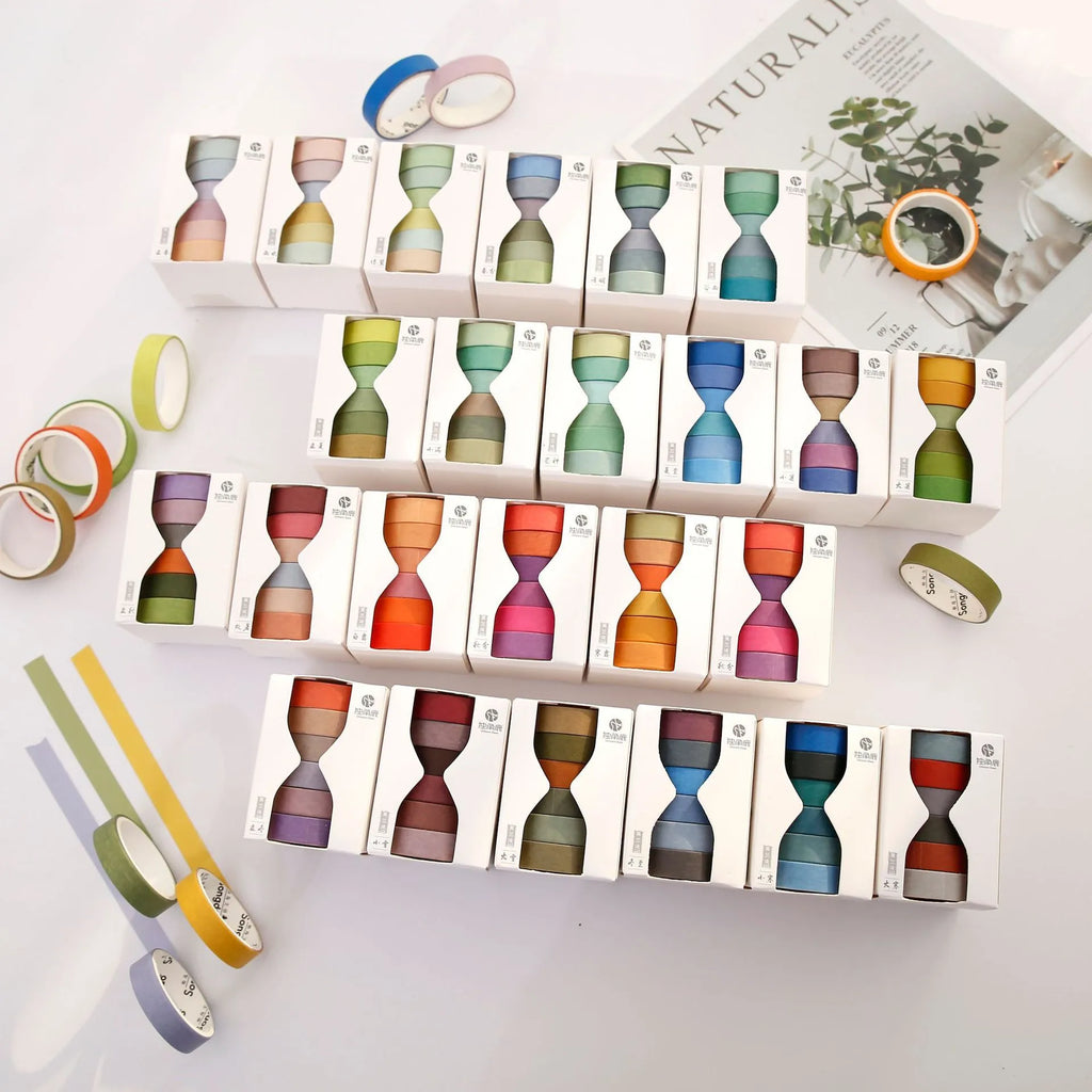Morandi Japanese paper tape six rolls 9mm x 3m in assorted colours on craft background