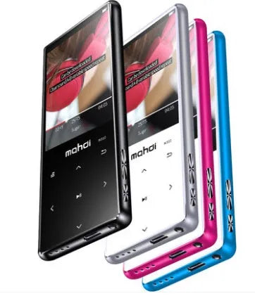 A portable black MP3 player with a 2.4-inch touchscreen, showing a music interface.