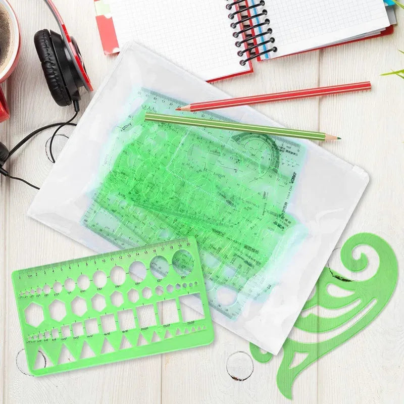 Clear green plastic geometric drawing templates set with 11 pieces and poly zipper envelope