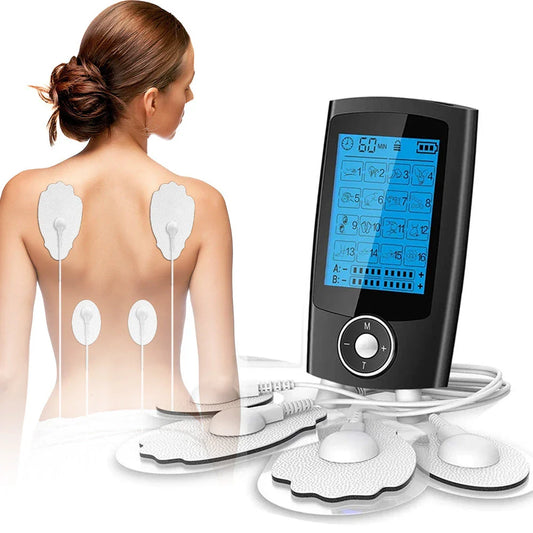 Portable Physiotherapy TENS and EMS Massager with 16 Customizable Massage Modes, Adjustable Timer and Intensity, Dual Output Channels, and Compact Design