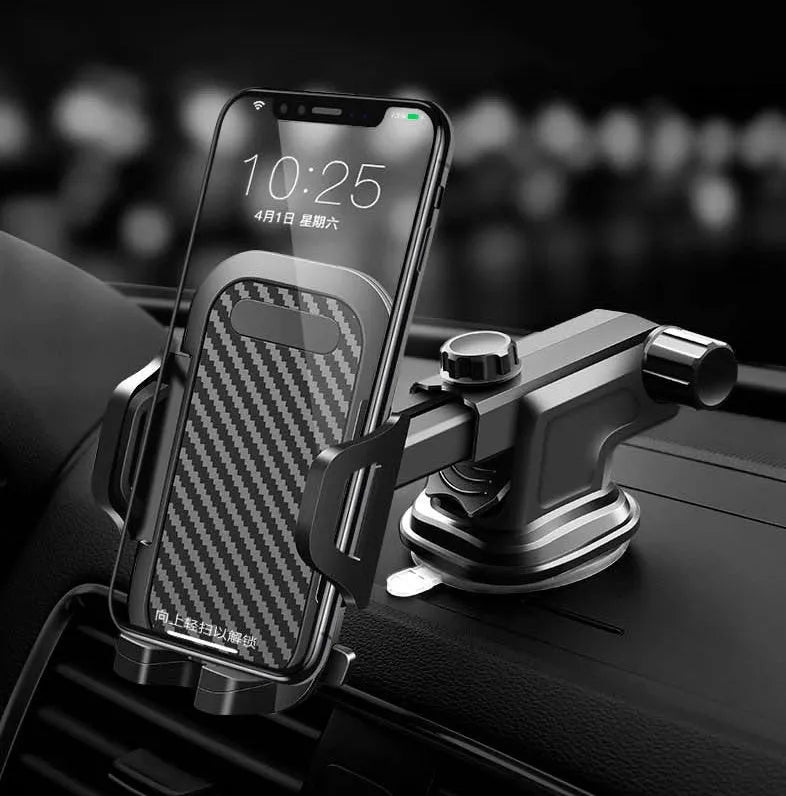 Black universal car phone holder for mobile phones between 4.0 and 7.0 inches wide.
