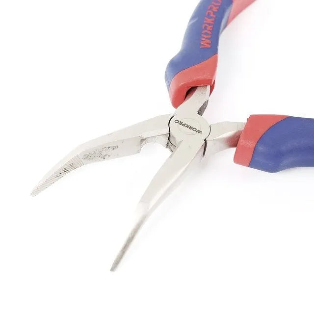 Curved nose pliers with blue double-colour rubber-sleeved handles for precision electronic work