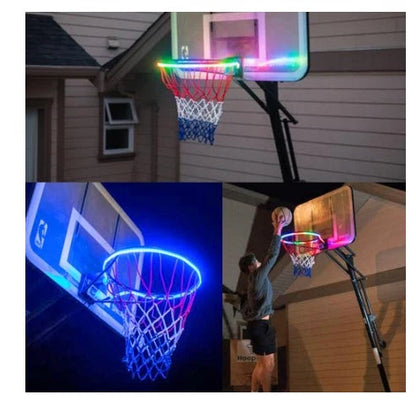 Induction Color Changing Basketball Frame Light attached to a basketball rim, illuminating at night
