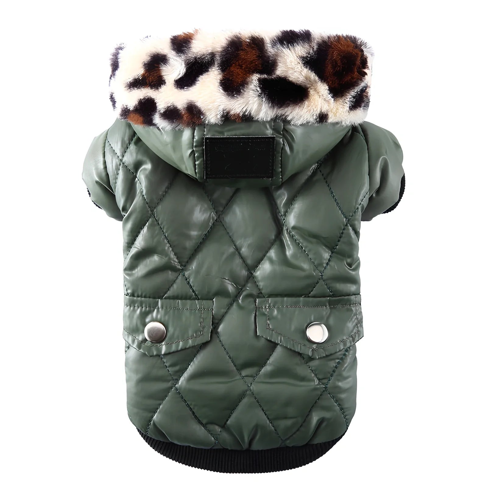 Black fur collar dog coat in M size, hooded with buttons, polyester fleece for winter warmth, 28cm back length