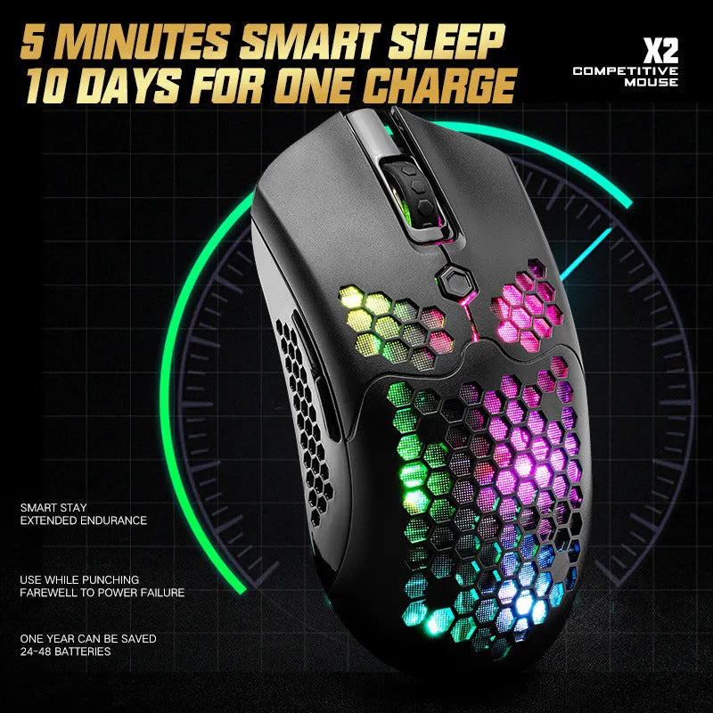 Free Wolf X2 wireless gaming mouse in selected colour with RGB lighting on a desk.