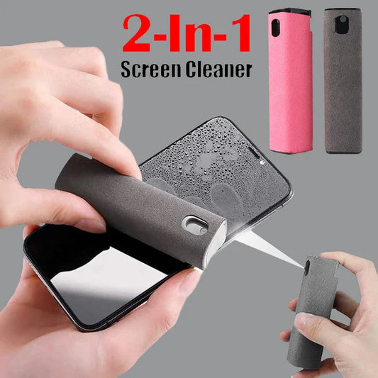 All-in-one mobile phone and laptop screen cleaner kit with built-in microfiber wipe and refillable cleaning solution