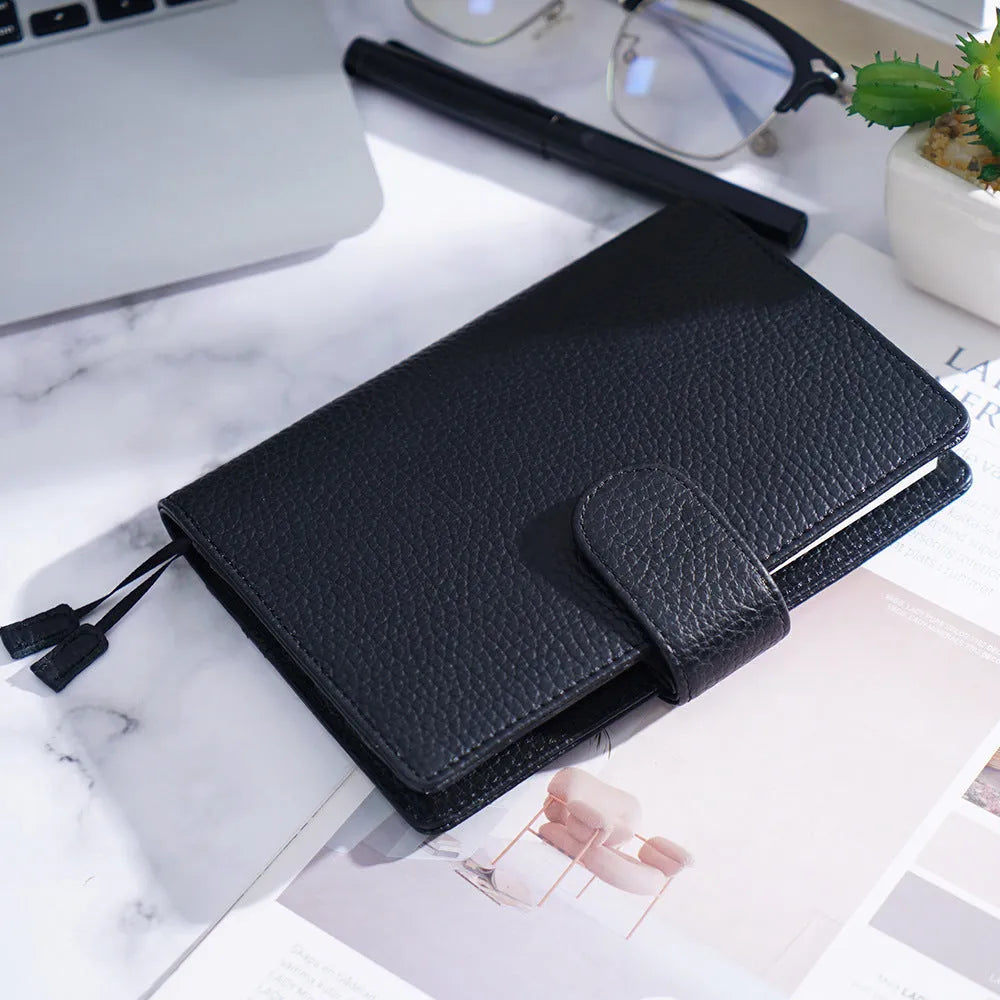 A6 leather notebook with Lychee pattern cowhide cover in off white, pink, or white colour options