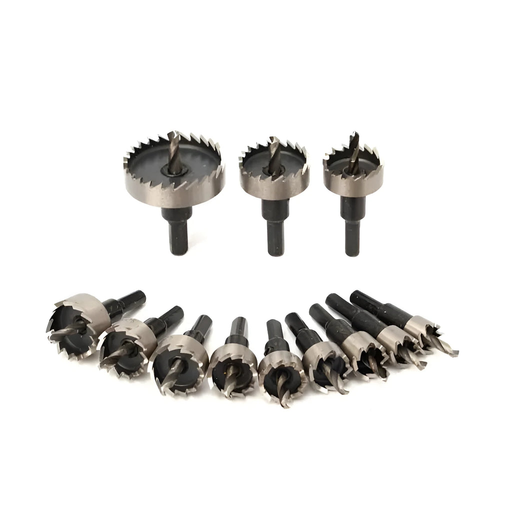 12-piece HSS cutter drill bit set with hole saws ranging from 15mm to 50mm for stainless steel drilling