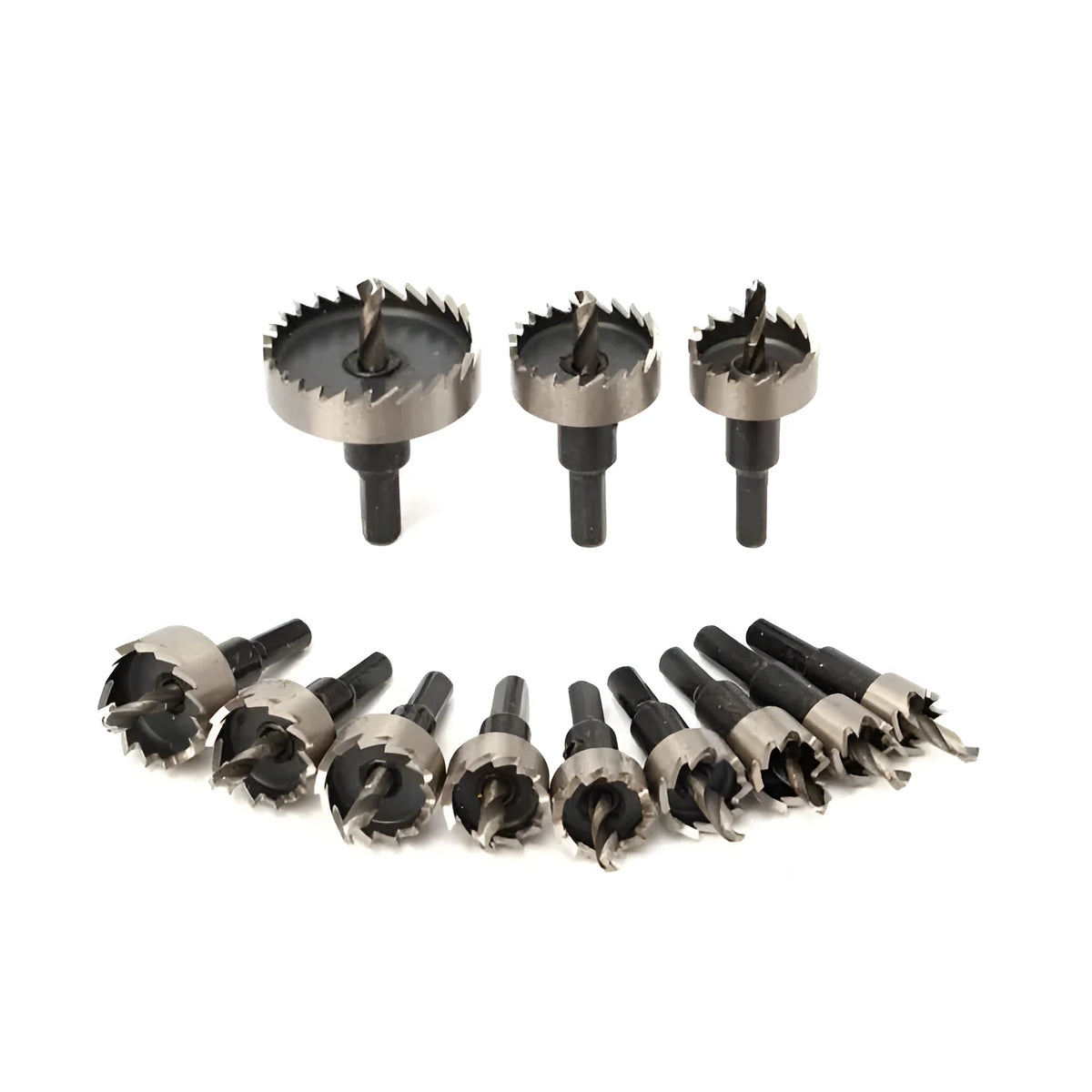 12-piece HSS cutter drill bit set with hole saws ranging from 15mm to 50mm for stainless steel drilling