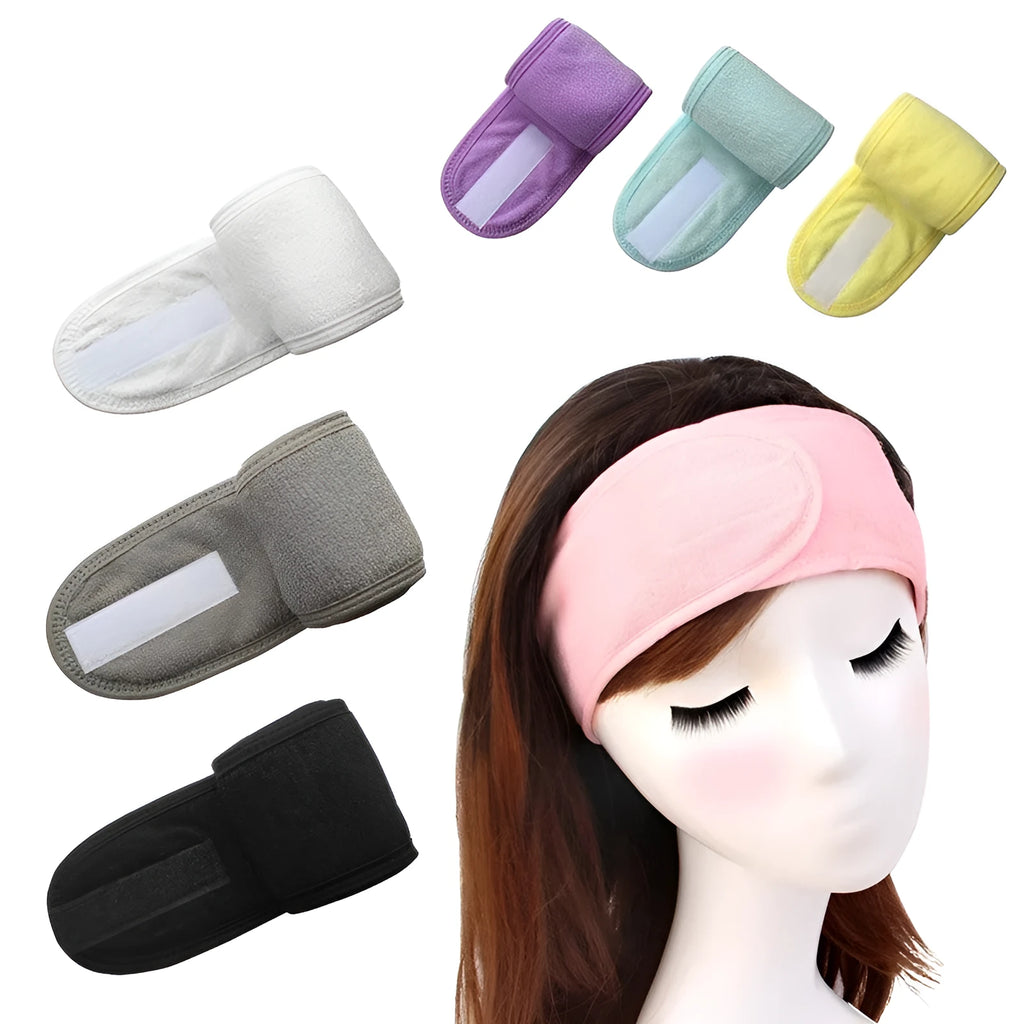 Thickened ant fabric beauty headband in white, pink, blue, purple, yellow on soft surface