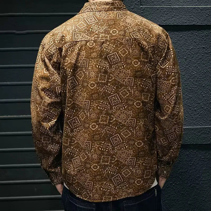 Men's casual denim print shirt in navy blue with long sleeves and lapel collar in polyester fabric