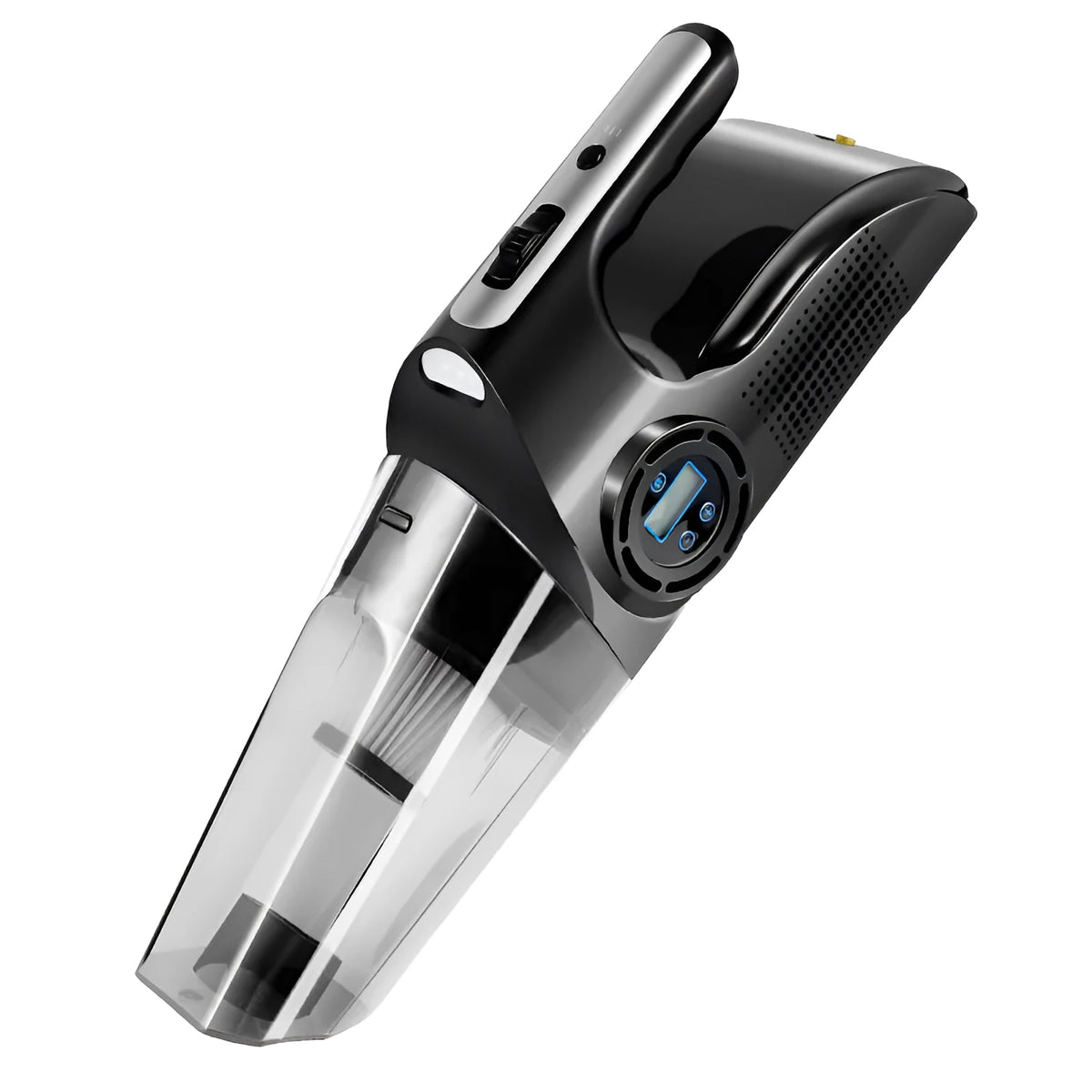 Cordless rechargeable wet dry vacuum cleaner with 5000mbar suction, 2000mAh battery, digital display, ABS body, model A-117, on a white background