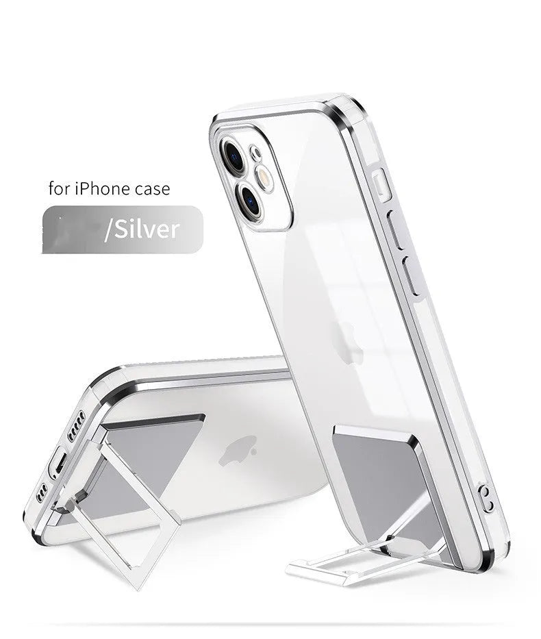 Transparent TPU phone case with gold electroplated bracket, displayed on a grey surface, for iPhone 12 Pro Max