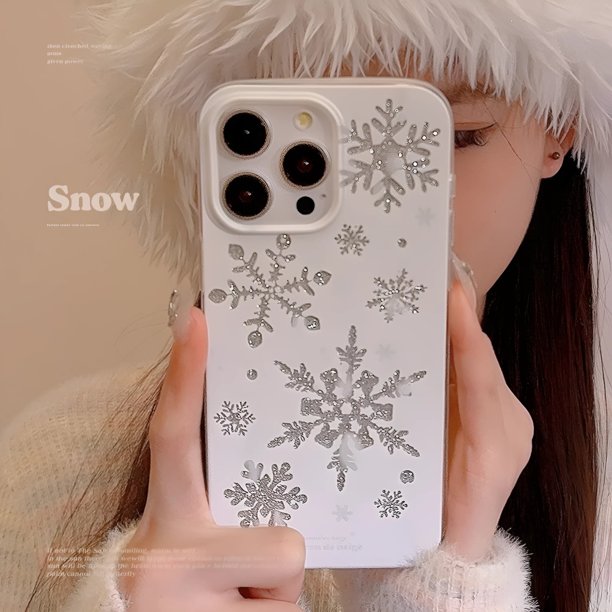 Apple iPhone TPU soft shell phone case in Glitter winter floating cream with painted autumn winter design