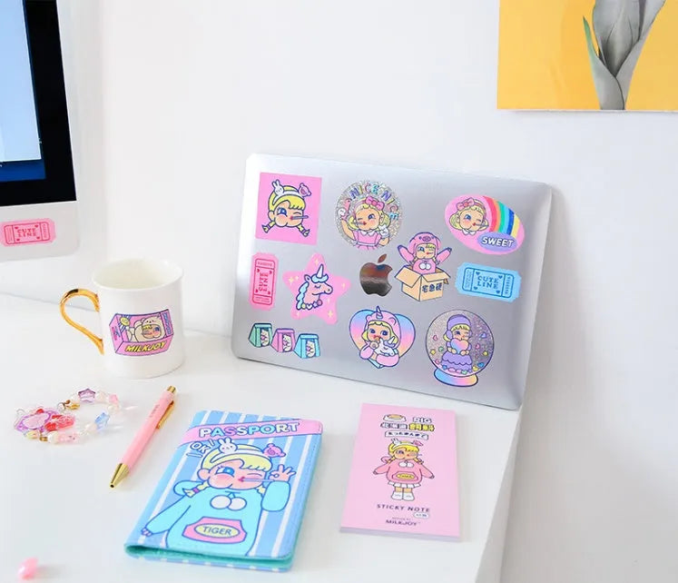 PVC cartoon sticker set with Korean-style cute girl designs and heart motifs in storage box